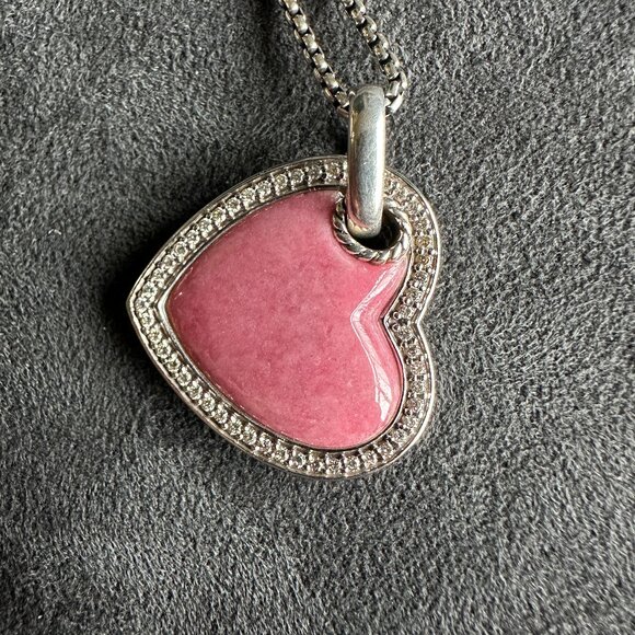 David Yurman Large Pink Heart Pendant Necklace w/ Rhodonite & White Diamonds 18" - Picture 7 of 16